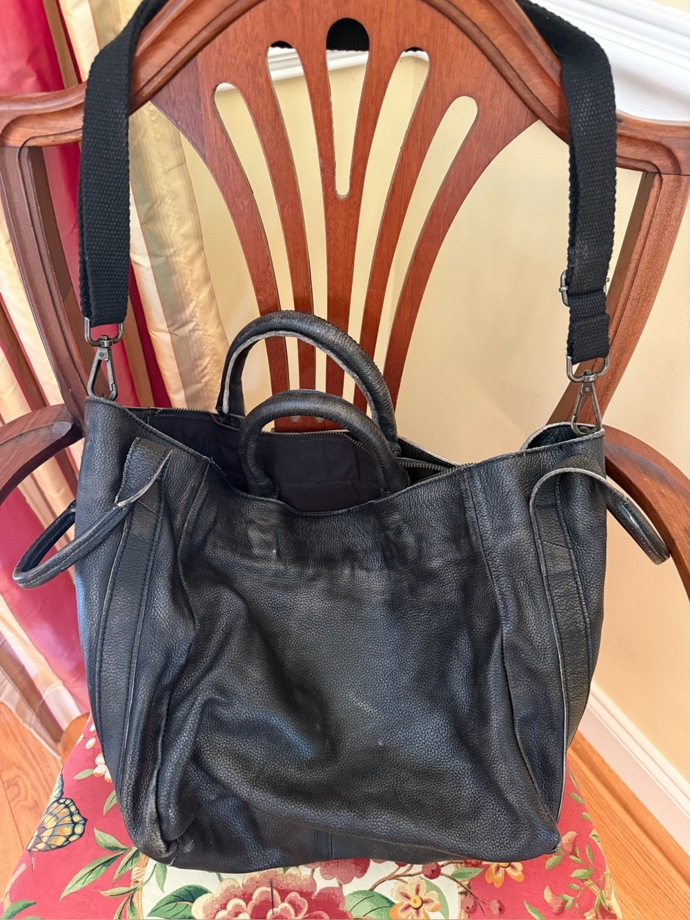Free People Black Leather Shoulder Tote with Removable Strap, Sloucy, distressed